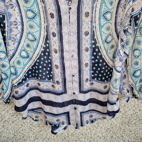 Lucky Brand Top Womens Small Oversized Blue Sheer Printed Hi Low‎ Blouse - Picture 5 of 7